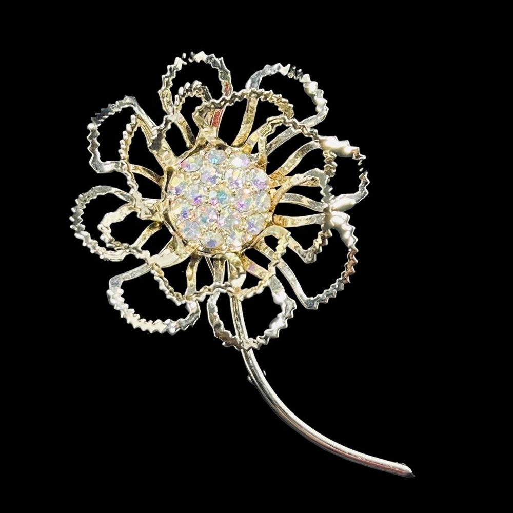 Vintage Sarah Coventry Allusions Gold Tone And AB Rhinestone Flower Brooch (4624
